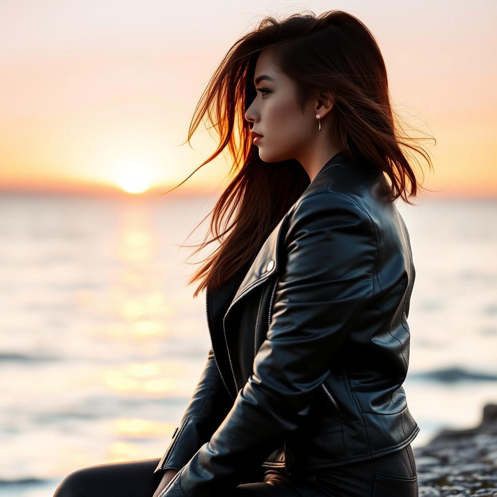 A captivating side profile of a woman wearing a stylish leather jacket and trousers, sitting by the sea