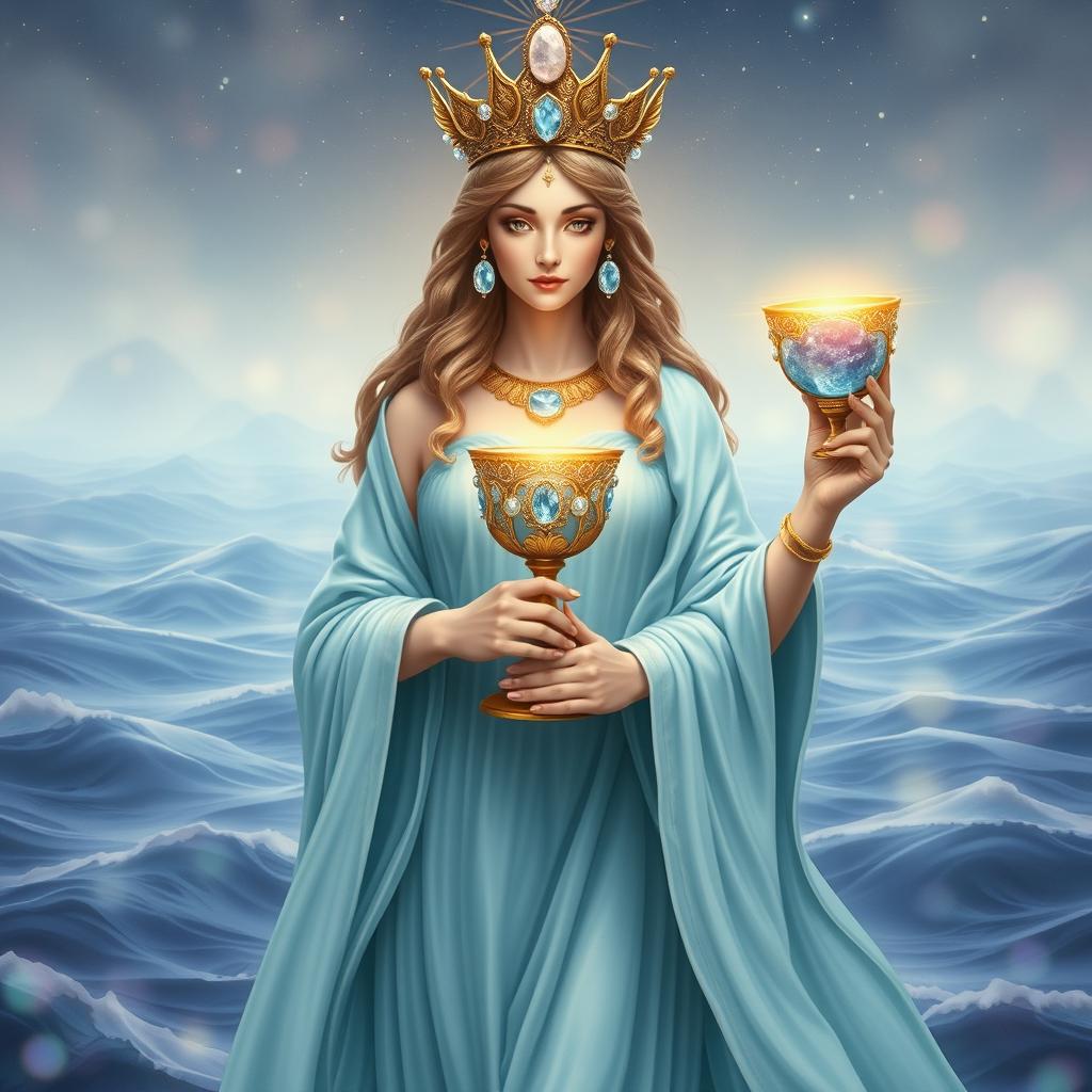 A majestic goddess embodying the Suit of Cups, symbolizing emotions, relationships, and intuition, elegantly holding a goblet adorned with rose quartz and aquamarine, signifying love and clarity