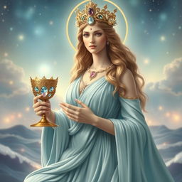 A majestic goddess embodying the Suit of Cups, symbolizing emotions, relationships, and intuition, elegantly holding a goblet adorned with rose quartz and aquamarine, signifying love and clarity