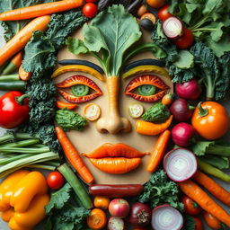 A creative and artistic representation of a woman's face made entirely with various vegetables