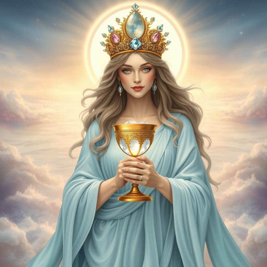 A majestic goddess embodying the Suit of Cups, symbolizing emotions, relationships, and intuition, elegantly holding a goblet adorned with rose quartz and aquamarine, signifying love and clarity