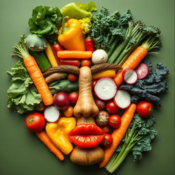 A creative and artistic representation of a woman's face made entirely with various vegetables