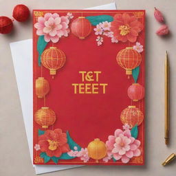 A vibrant Tet greeting card featuring traditional Vietnamese decorations, cherry blossoms, lanterns, and Lunar New Year symbols.