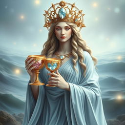 A majestic goddess embodying the Suit of Cups, symbolizing emotions, relationships, and intuition, elegantly holding a goblet adorned with rose quartz and aquamarine, signifying love and clarity