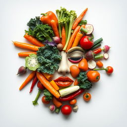 A creative and artistic representation of a woman's face made entirely with various vegetables