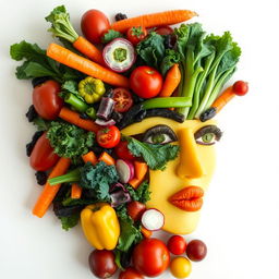 A creative and artistic representation of a woman's face made entirely with various vegetables