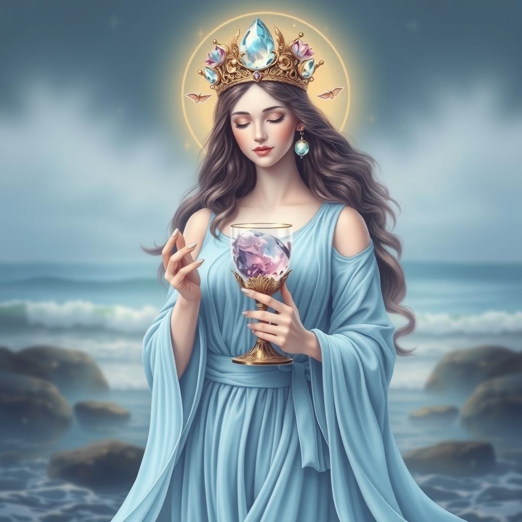 A graceful goddess, embodying divine femininity, elegantly holding a goblet adorned with rose quartz and aquamarine, symbolizing love and clarity