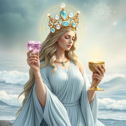 A graceful goddess, embodying divine femininity, elegantly holding a goblet adorned with rose quartz and aquamarine, symbolizing love and clarity