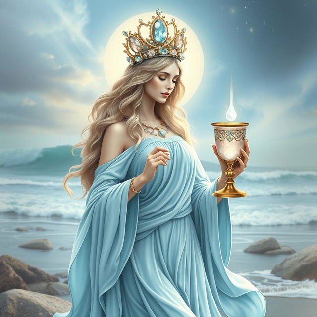 A graceful goddess, embodying divine femininity, elegantly holding a goblet adorned with rose quartz and aquamarine, symbolizing love and clarity