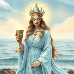 A graceful goddess, embodying divine femininity, elegantly holding a goblet adorned with rose quartz and aquamarine, symbolizing love and clarity