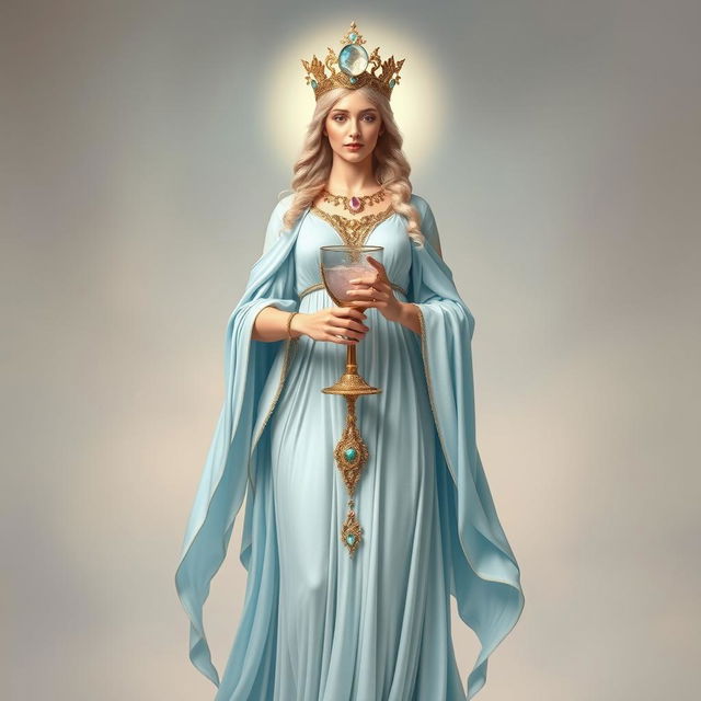 A majestic goddess standing front on, exuding elegance as she holds a goblet adorned with rose quartz and aquamarine, symbolizing love and clarity