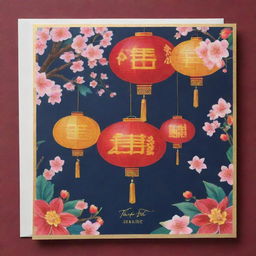 A vibrant Tet greeting card featuring traditional Vietnamese decorations, cherry blossoms, lanterns, and Lunar New Year symbols.