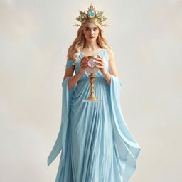 A majestic goddess standing front on, exuding elegance as she holds a goblet adorned with rose quartz and aquamarine, symbolizing love and clarity