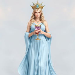 A majestic goddess standing front on, exuding elegance as she holds a goblet adorned with rose quartz and aquamarine, symbolizing love and clarity