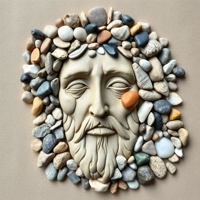 An artistic representation of Christ's face made entirely with various stones