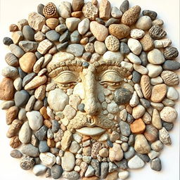 An artistic representation of Christ's face made entirely with various stones