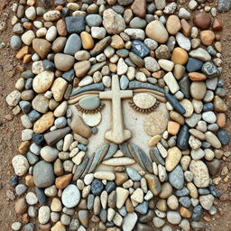 An artistic representation of Christ's face made entirely with various stones