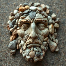 An artistic representation of Christ's face made entirely with various stones