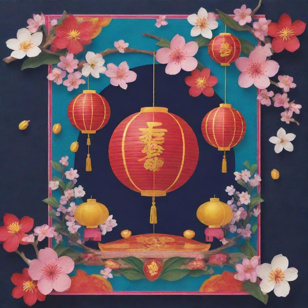 A vibrant Tet greeting card featuring traditional Vietnamese decorations, cherry blossoms, lanterns, and Lunar New Year symbols.