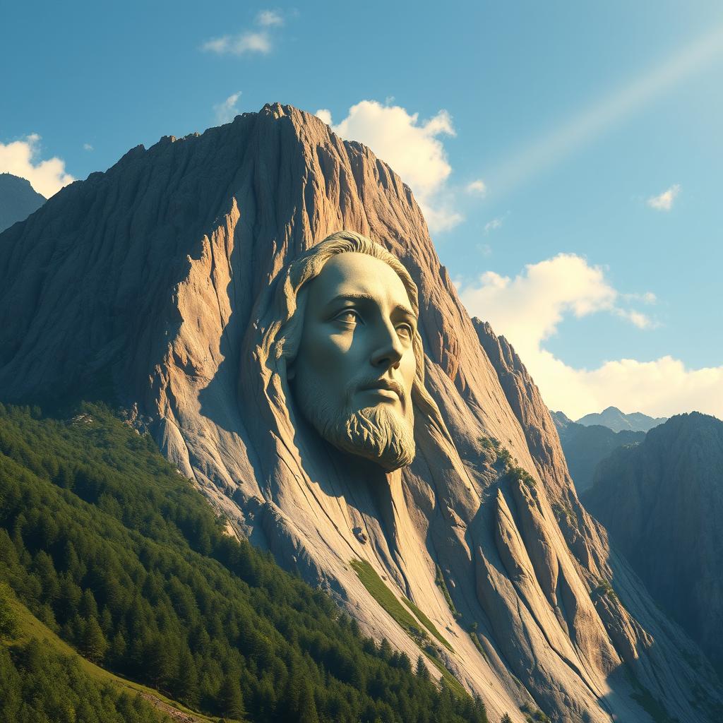 An awe-inspiring scene depicting the face of Christ etched into the side of a majestic mountain