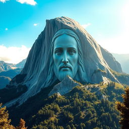 An awe-inspiring scene depicting the face of Christ etched into the side of a majestic mountain