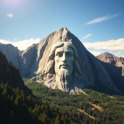 An awe-inspiring scene depicting the face of Christ etched into the side of a majestic mountain