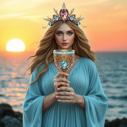 A radiant goddess, facing front on, symbolizing new beginnings in love, elegantly holding a goblet adorned with rose quartz and aquamarine, representing passion and clarity