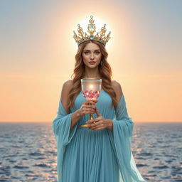 A radiant goddess, facing front on, symbolizing new beginnings in love, elegantly holding a goblet adorned with rose quartz and aquamarine, representing passion and clarity