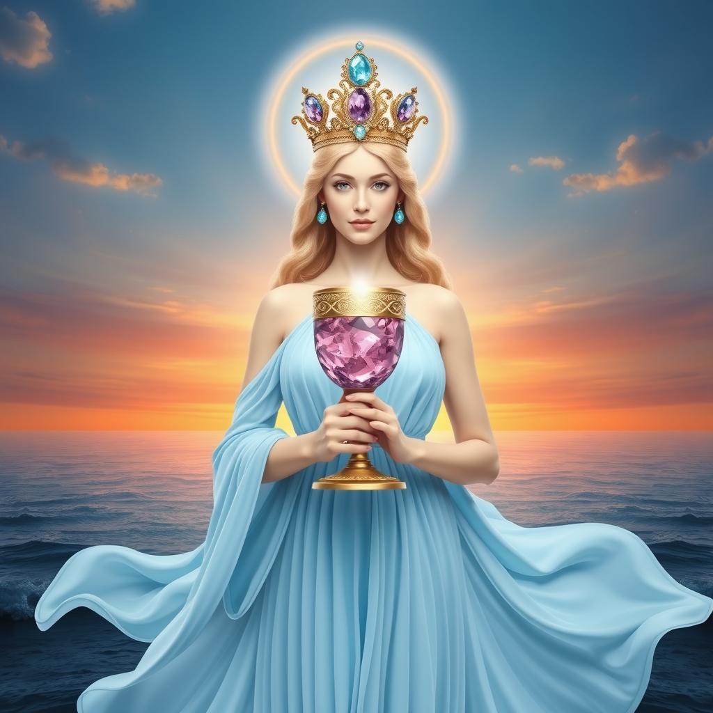 A radiant goddess, facing front on, symbolizing new beginnings in love, elegantly holding a goblet adorned with rose quartz and aquamarine, representing passion and clarity