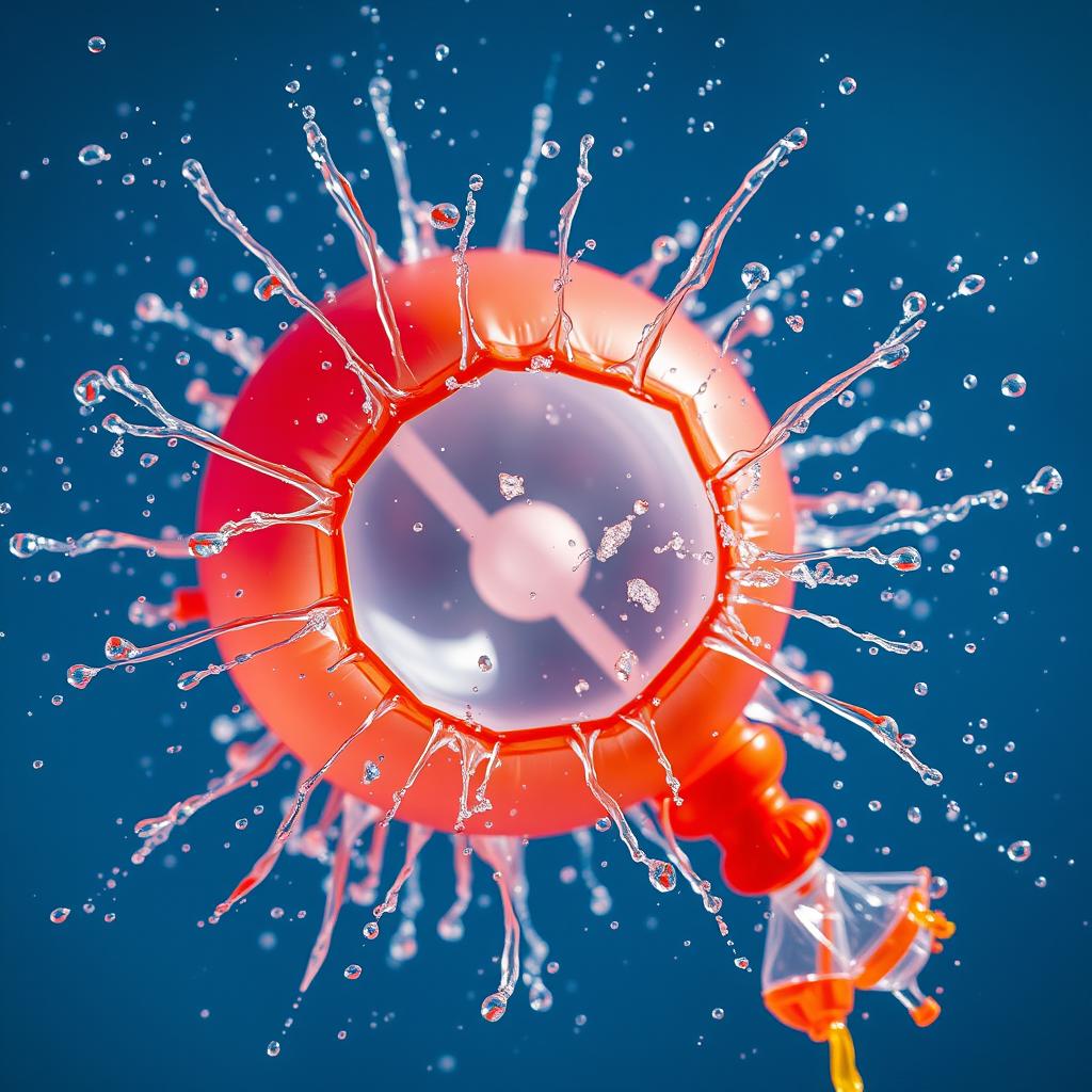 A close-up of a water balloon bursting in mid-air, capturing the dynamic splash and vibrant colors as the water droplets scatter in every direction