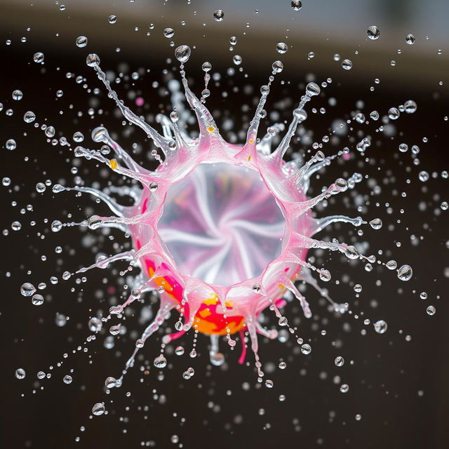 A close-up of a water balloon bursting in mid-air, capturing the dynamic splash and vibrant colors as the water droplets scatter in every direction