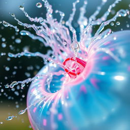 A close-up of a water balloon bursting in mid-air, capturing the dynamic splash and vibrant colors as the water droplets scatter in every direction