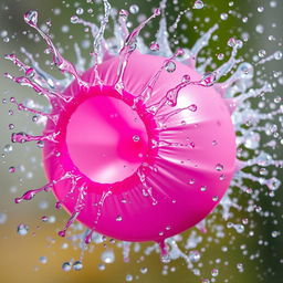 A close-up of a water balloon bursting in mid-air, capturing the dynamic splash and vibrant colors as the water droplets scatter in every direction