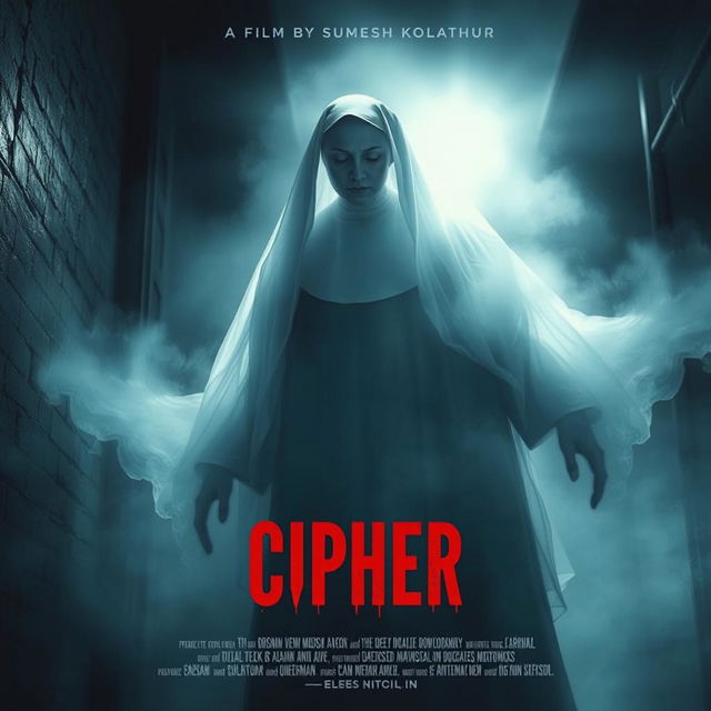 A haunting and cinematic poster depicting the ethereal spirit of a nun with a ghostly, frozen appearance, floating through a mysterious and shadowy setting