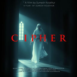 A haunting yet cinematic poster depicting the ethereal spirit of a nun with a ghostly, frozen appearance, floating through a dimly lit church room