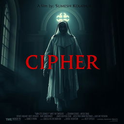 A haunting yet cinematic poster depicting the ethereal spirit of a nun with a ghostly, frozen appearance, floating through a dimly lit church room