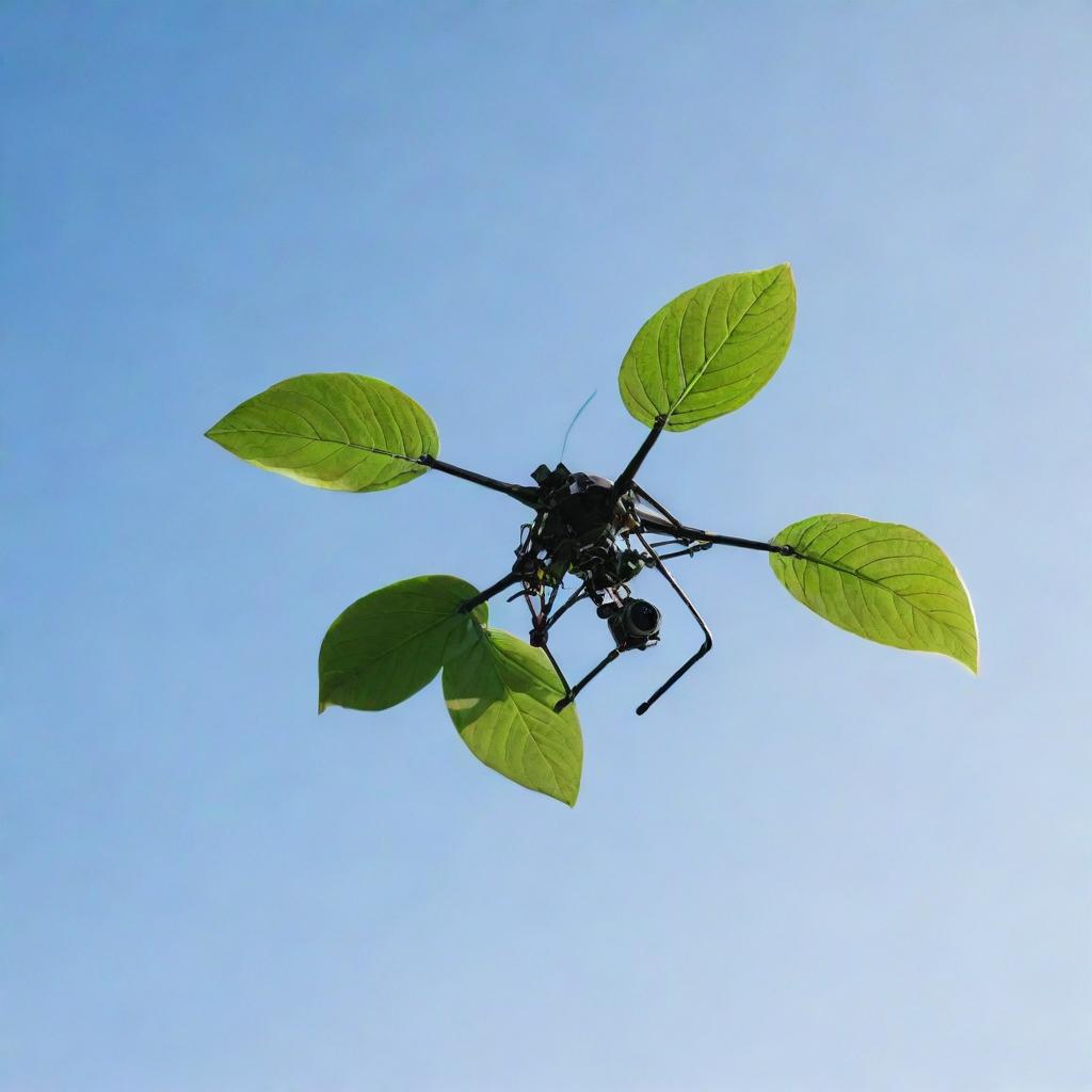 A high-tech drone suspended in a clear sky, delicately carrying a vibrant green leaf