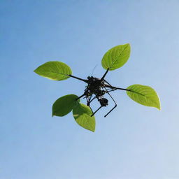 A high-tech drone suspended in a clear sky, delicately carrying a vibrant green leaf