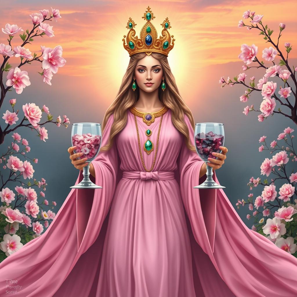 A radiant goddess of connection, facing front on, holding two goblets decorated with rose quartz and rhodonite, symbolizing love and harmony