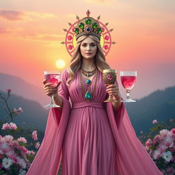 A radiant goddess of connection, facing front on, holding two goblets decorated with rose quartz and rhodonite, symbolizing love and harmony