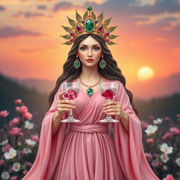 A radiant goddess of connection, facing front on, holding two goblets decorated with rose quartz and rhodonite, symbolizing love and harmony