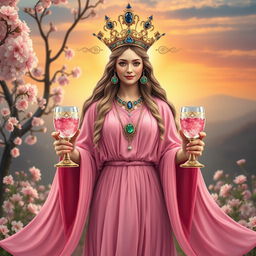 A radiant goddess of connection, facing front on, holding two goblets decorated with rose quartz and rhodonite, symbolizing love and harmony