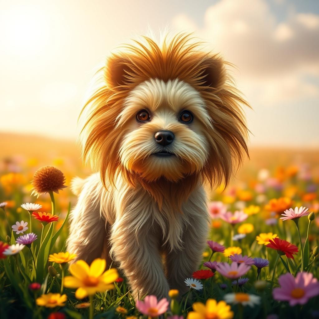 A creative depiction of an animal that is a mix between a Yorkshire Terrier and a lion