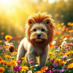 A creative depiction of an animal that is a mix between a Yorkshire Terrier and a lion