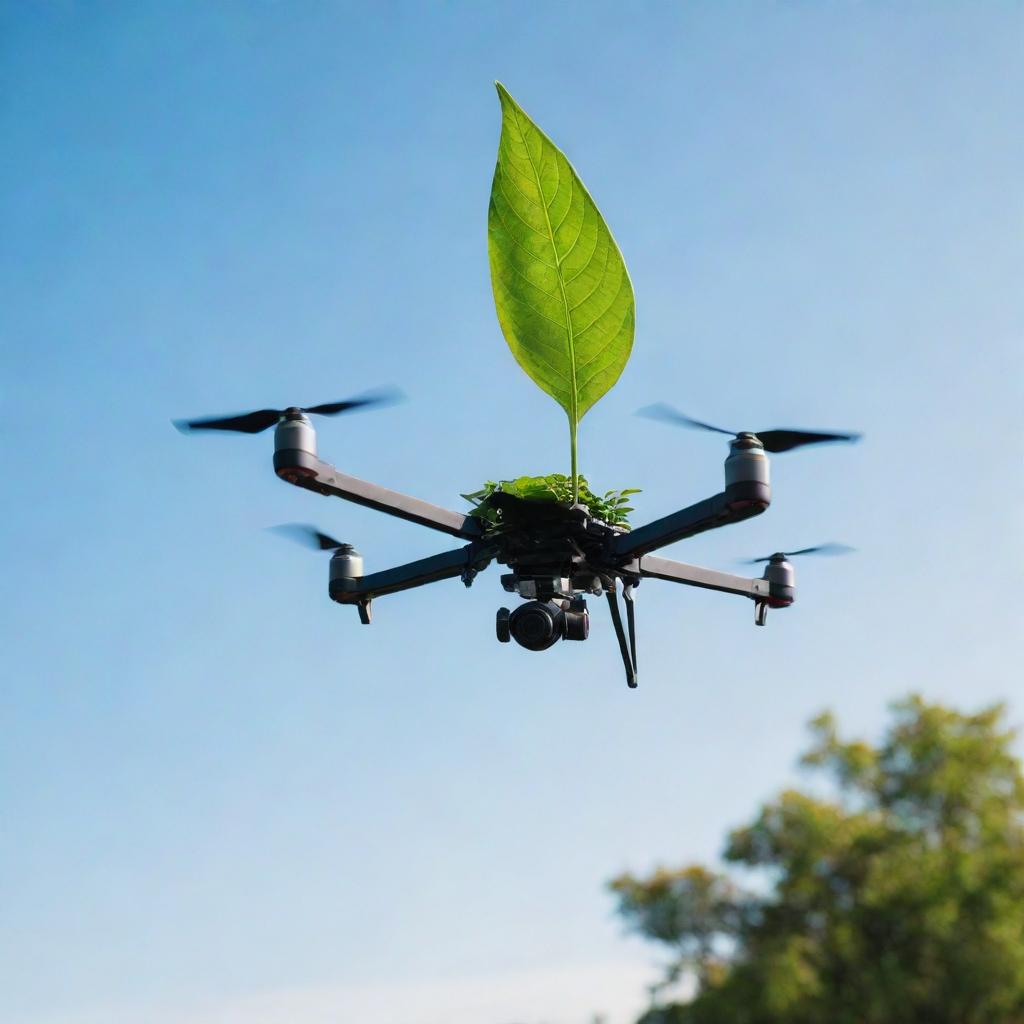 A high-tech drone suspended in a clear sky, delicately carrying a vibrant green leaf