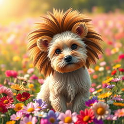 A creative depiction of an animal that is a mix between a Yorkshire Terrier and a lion