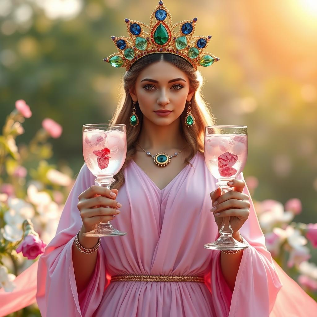 A captivating goddess of connection, portrayed front on, gracefully holding two goblets adorned with rose quartz and rhodonite, symbolizing love and harmony