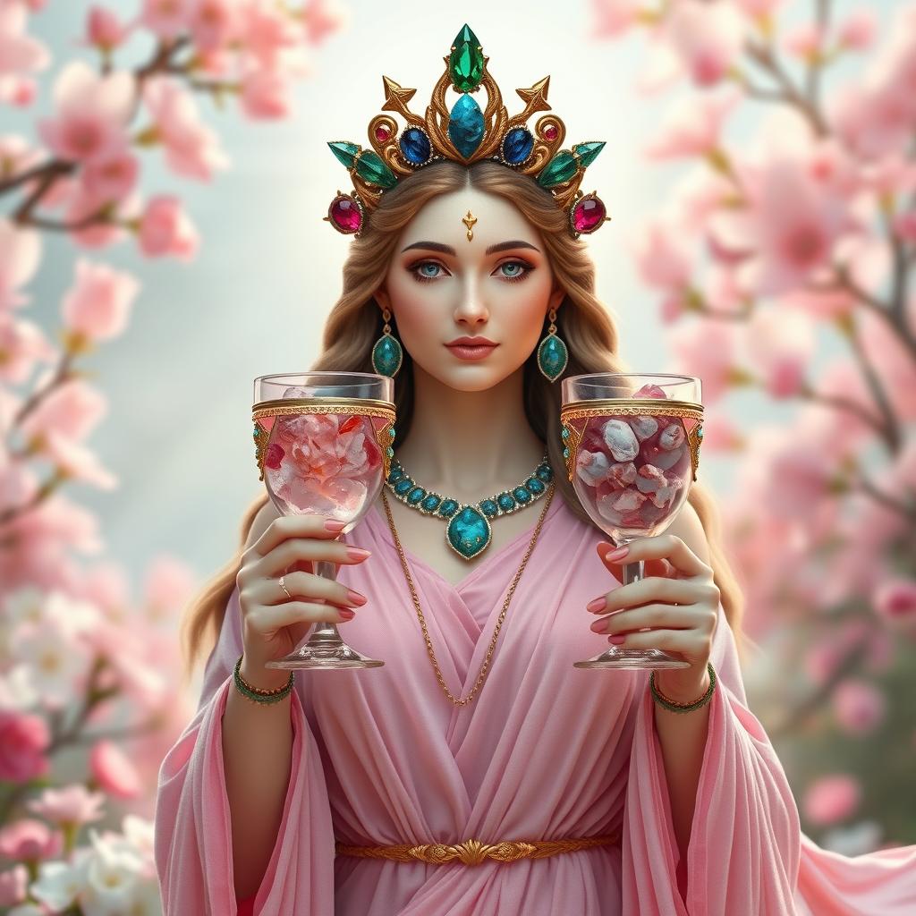 A captivating goddess of connection, portrayed front on, gracefully holding two goblets adorned with rose quartz and rhodonite, symbolizing love and harmony