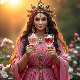 A captivating goddess of connection, portrayed front on, gracefully holding two goblets adorned with rose quartz and rhodonite, symbolizing love and harmony