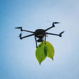 A high-tech drone suspended in a clear sky, delicately carrying a vibrant green leaf